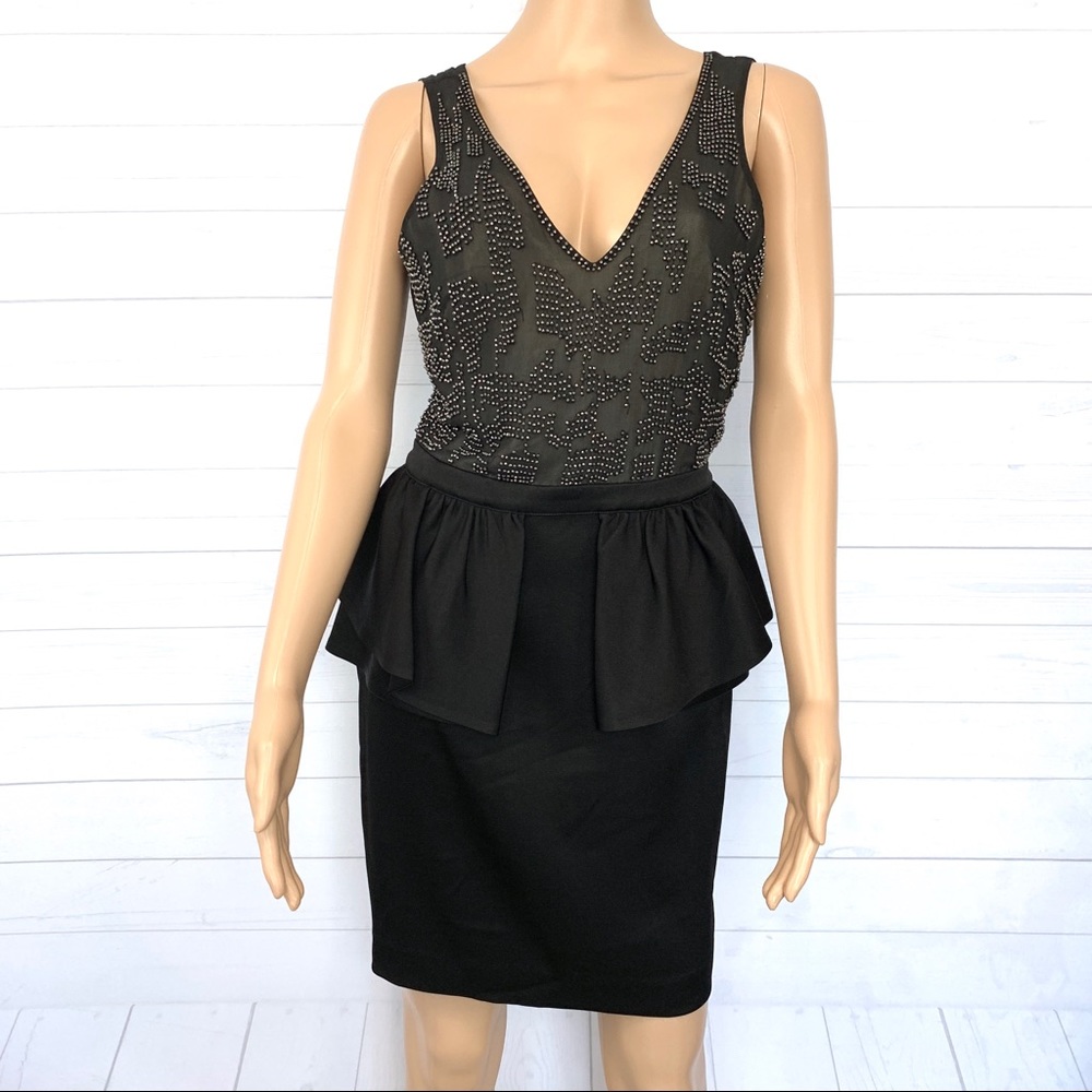 Bebe Embellished V Cut Peplum Sleeveless Black Dress Size S - Picture 5 of 12